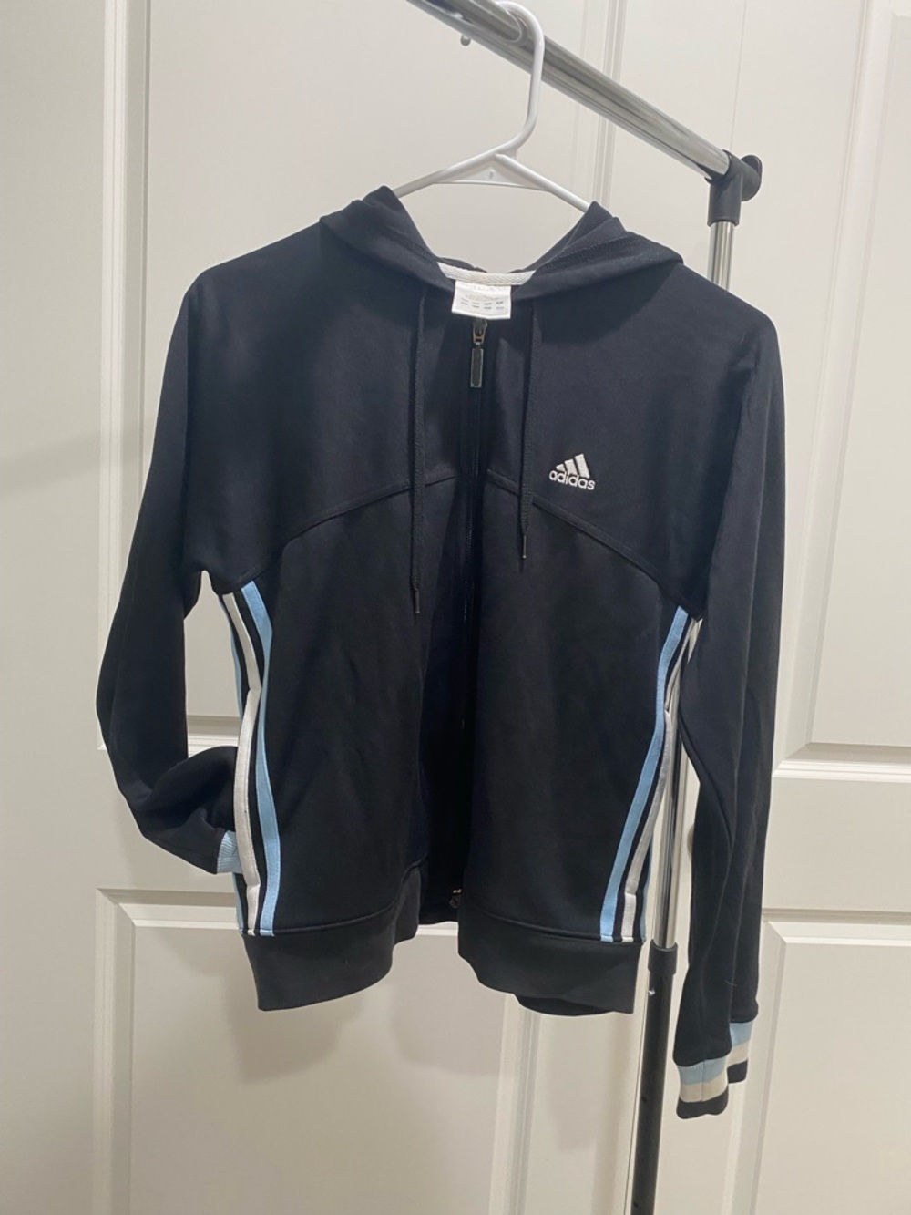 adidas Black Hooded Track Jacket with Light Blue & White Stripes